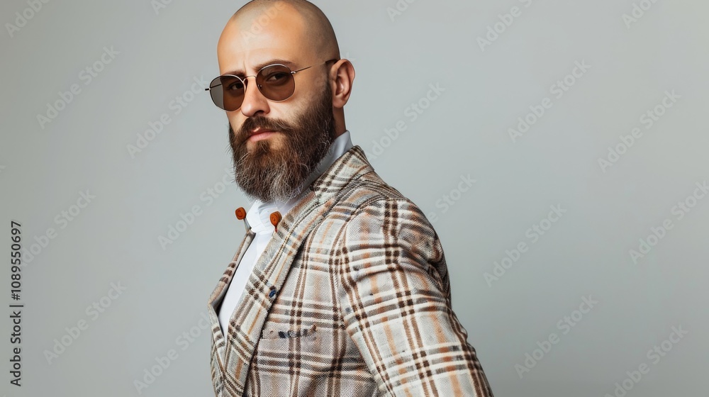 Obraz premium A man with a bald head and beard, confidently posing in a stylish outfit that highlights his unique look