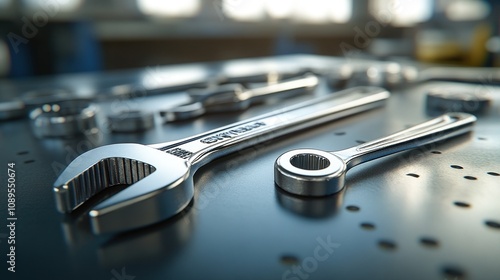 Wallpaper Mural Close-up of shiny wrenches and tools on a metallic surface. Torontodigital.ca