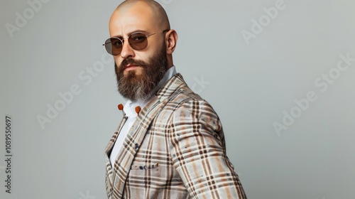 A man with a bald head and beard, confidently posing in a stylish outfit that highlights his unique look