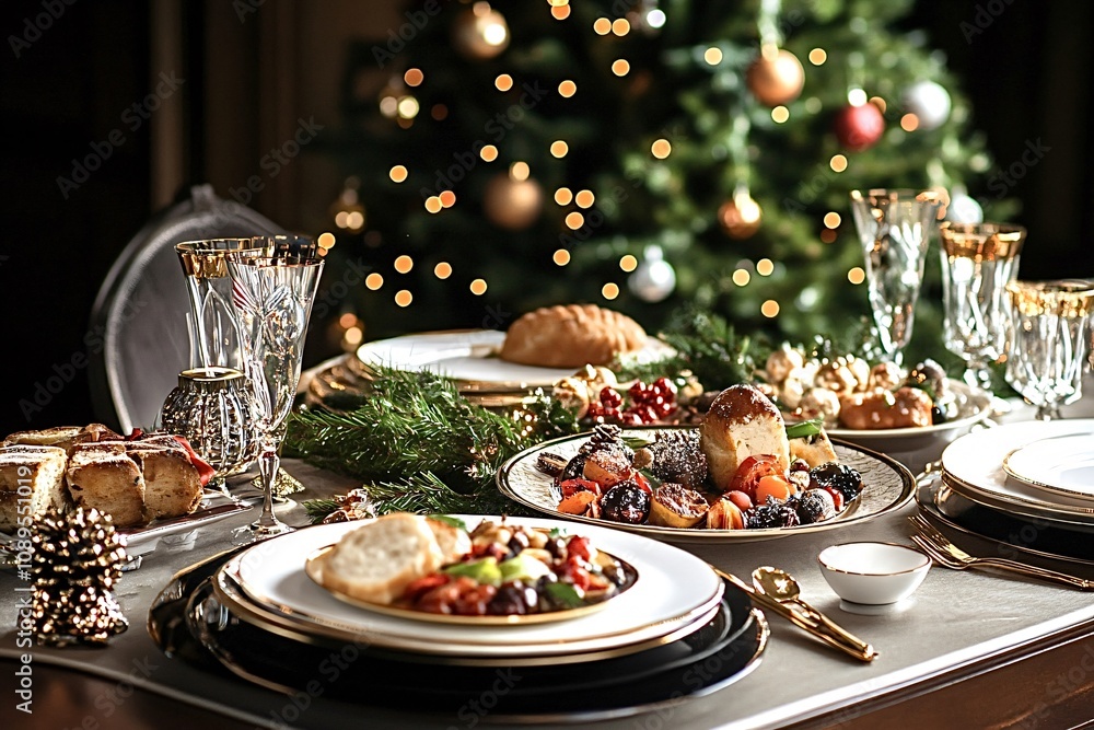 Beautifully set christmas dinner table featuring a variety of festive dishes, elegant tableware, and a decorated christmas tree in the background creates a warm and inviting holiday atmosphere Beautifully set christmas dinner table featuring a variety of festive dishes, elegant tableware, and a decorated christmas tree in the background creates a warm and inviting holiday atmosphere