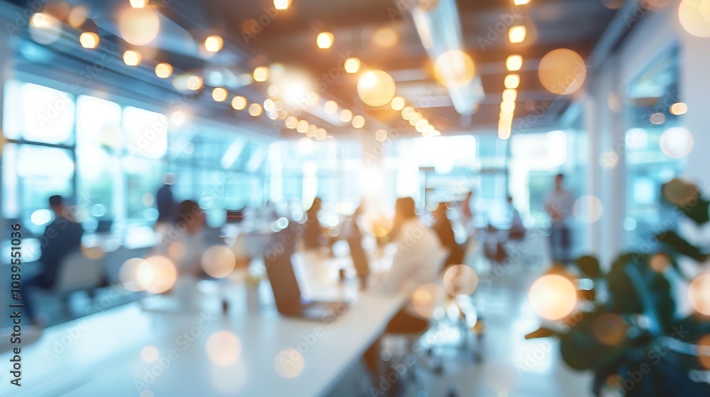 Obraz premium A modern office space bustling with activity and warm lighting, fostering collaboration and creativity.