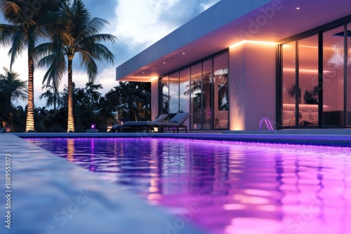 A residential property with a private swimming pool surrounded by palm trees