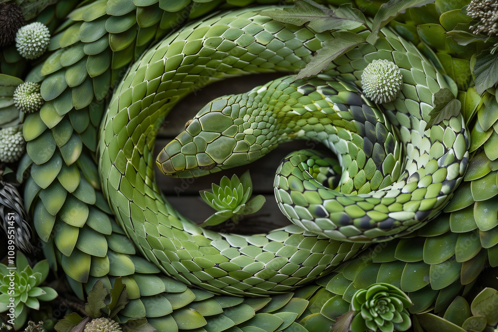 Fototapeta premium top view of a curled up green wooden snake, symbol of the new year 2025