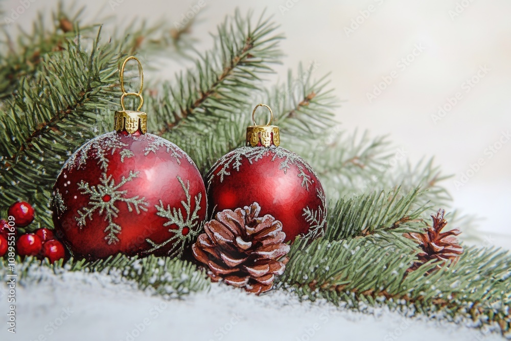 Two red Christmas ornaments sit on top of snow-covered ground Two red Christmas ornaments sit on top of snow-covered ground