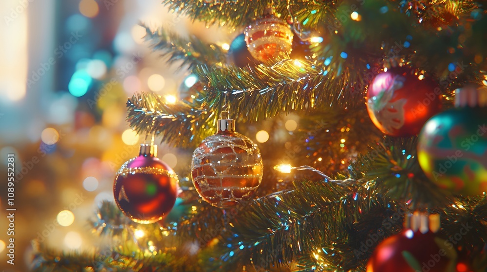 Detailed view of a Christmas tree decorated with colorful ornaments and twinkling lights, creating a festive holiday atmosphere.. Detailed view of a Christmas tree decorated with colorful ornaments and twinkling lights, creating a festive holiday atmosphere..