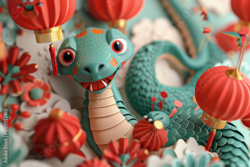 3D cartoon snake surrounded by chinese red lanterns, symbol of new year 2025 photo