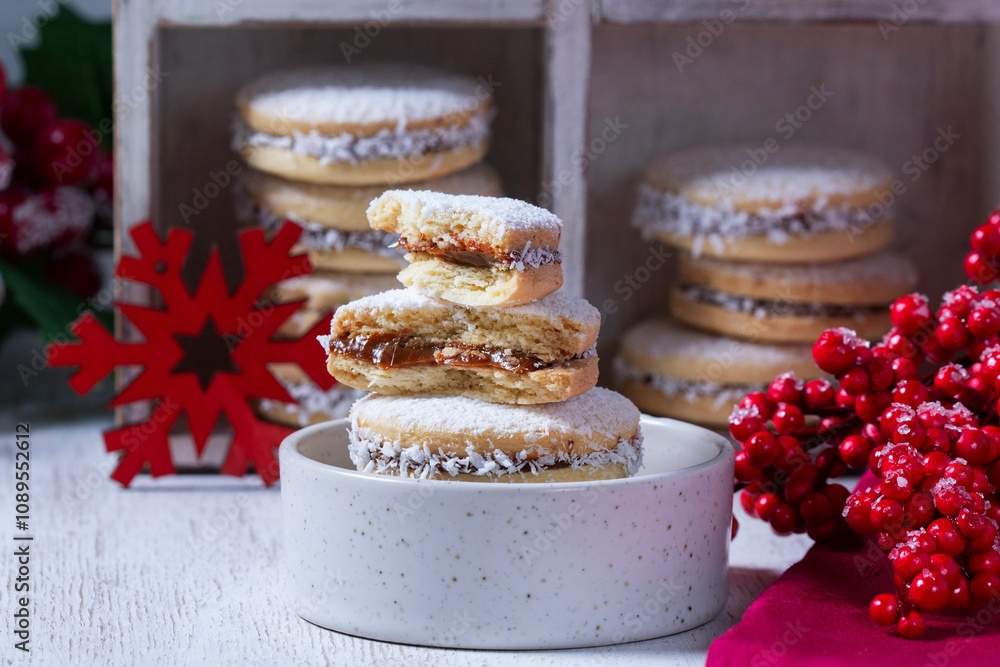 Alfajor, a traditional Latin American cookie made from shortcrust pastry filled with dolce de leche.