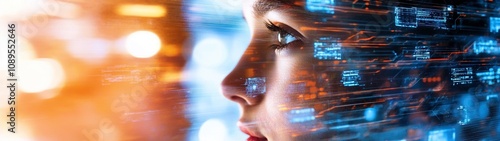 Human figure in front of digital mirror, showcasing technology and reflection. image captures blend of human emotion and digital elements, creating futuristic atmosphere