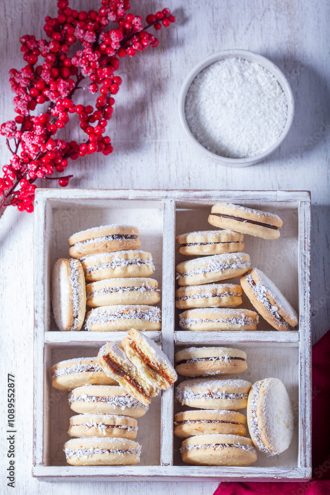 Alfajor, a traditional Latin American cookie made from shortcrust pastry filled with dolce de leche.