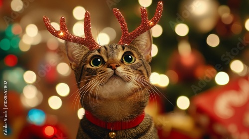 Festive Tabby Cat Wearing Reindeer Antlers For Christmas