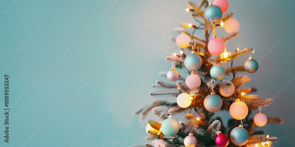 decorated christmas tree on pale blue decorated christmas tree on pale blue