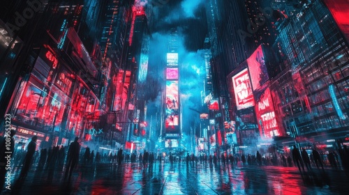 Times Square illuminated by vibrant New Year's fireworks, with no visible crowds or people, showcasing a serene festive atmosphere.