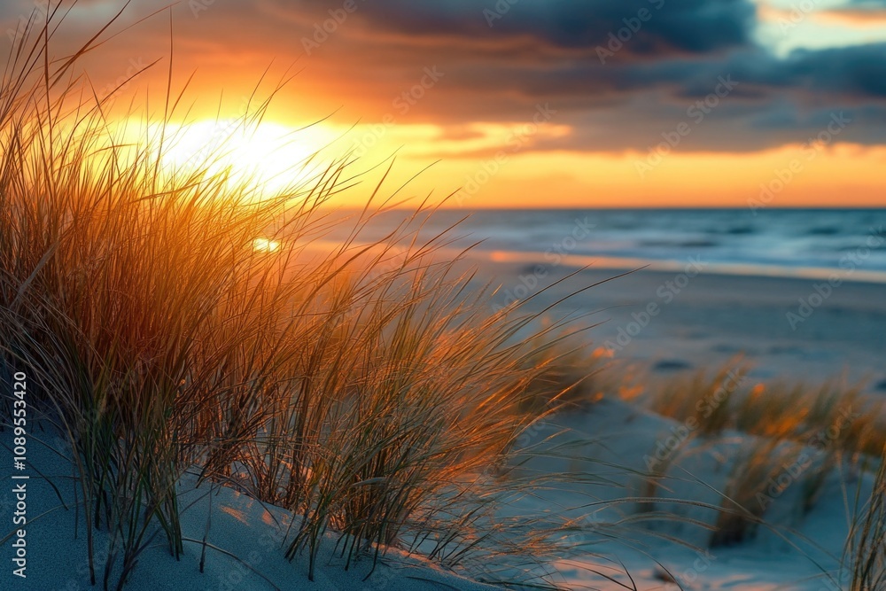 Beach scene at sunset with waving grass, suitable for travel or nature theme Beach scene at sunset with waving grass, suitable for travel or nature theme