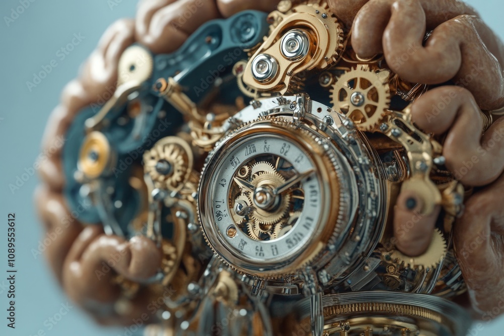 A close-up shot of a clock inside the human brain, ideal for illustrations about neuroscience or cognitive processes A close-up shot of a clock inside the human brain, ideal for illustrations about neuroscience or cognitive processes
