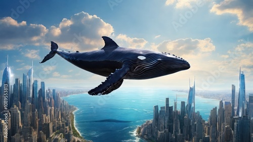 A large whale flies over a cityscape with a blue sky and white clouds in the background.
