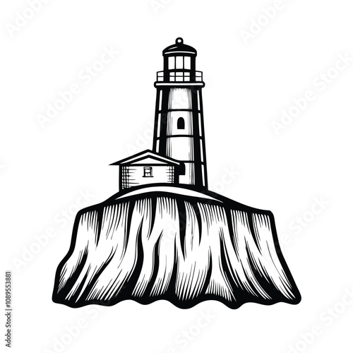 Create an editable stroke vector graphic of a solitary lighthouse perched dramatically on a rugged clifftop, overlooking a turbulent sea.