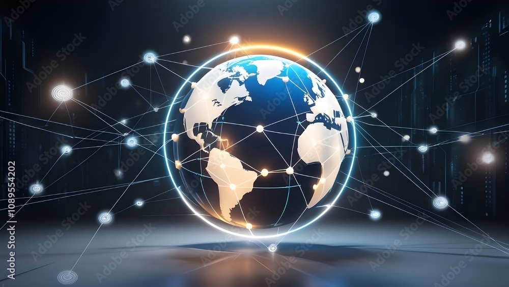 Futuristic illustration featuring a world globe with connected lines, symbolizing internet connectivity and global communication Futuristic illustration featuring a world globe with connected lines, symbolizing internet connectivity and global communication