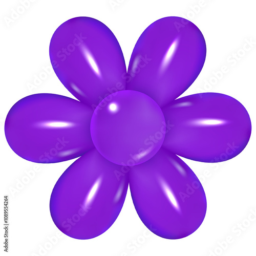 3d plastic figure in y2k style. Render of purple balloon shaped like flower with glossy texture isolated on transparent background. Inflated vector element for party, celebration, or festive themes .