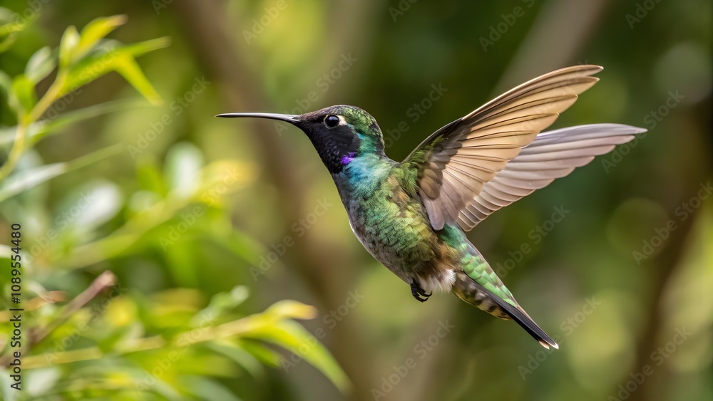 Naklejka premium Vibrant hummingbird in mid-air flight, Graceful hummingbird hovering with blurred wings 