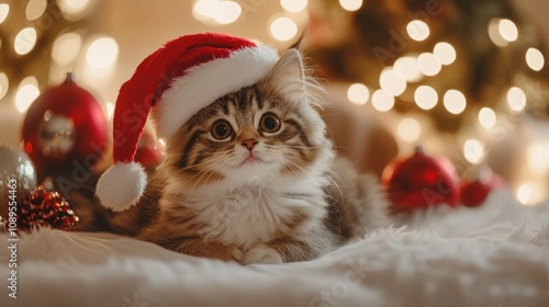 Adorable Kitten Wearing Santa Hat Christmas Lights