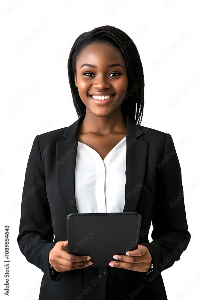 A smiling young professional woman or student holding a digital tablet, isolated on white. Perfect for advertising online education, e-learning courses, and digital technology concepts A smiling young professional woman or student holding a digital tablet, isolated on white. Perfect for advertising online education, e-learning courses, and digital technology concepts