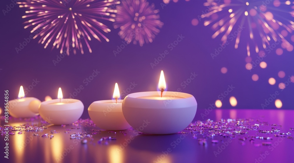 A serene scene featuring glowing candles in the foreground, beautifully contrasting with a vibrant background of fireworks. A serene scene featuring glowing candles in the foreground, beautifully contrasting with a vibrant background of fireworks.