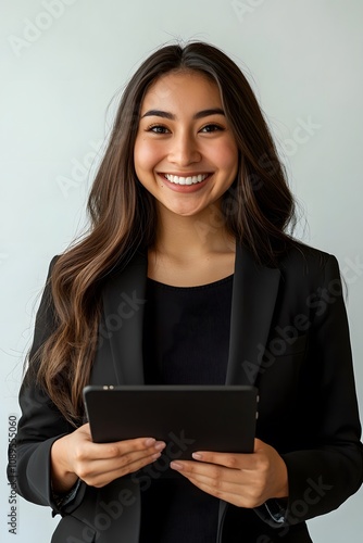 A smiling young professional woman or student holding a digital tablet, isolated on white. Perfect for advertising online education, e-learning courses, and digital technology concepts