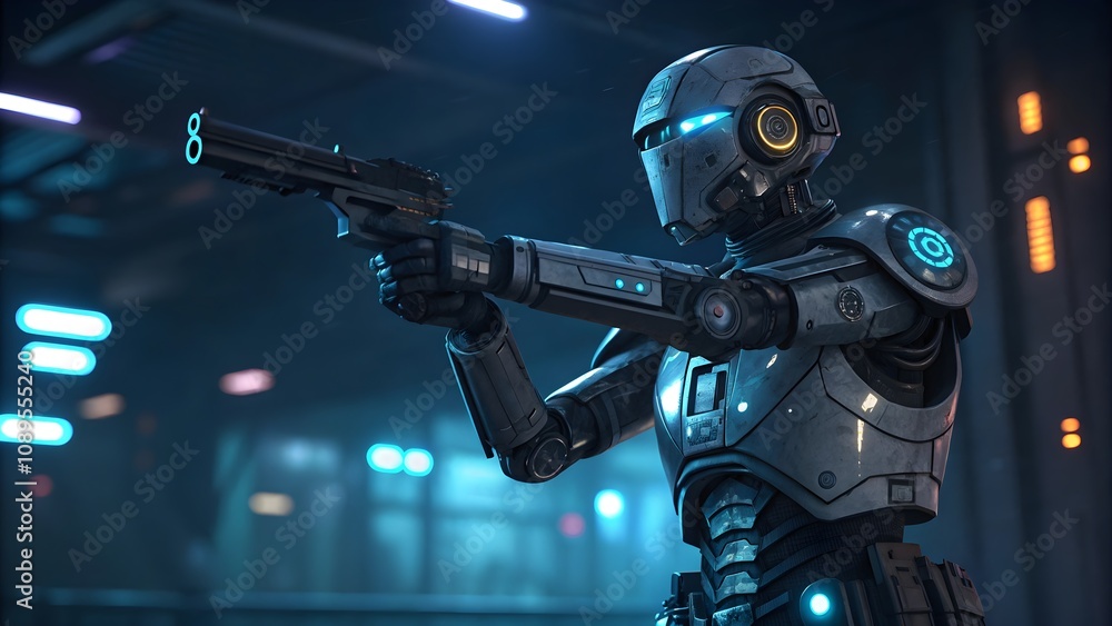Futuristic robot holding a weapon in sharp detail, Sci-fi robot armed with a gun in action
Futuristic robot holding a weapon in sharp detail, Sci-fi robot armed with a gun in action