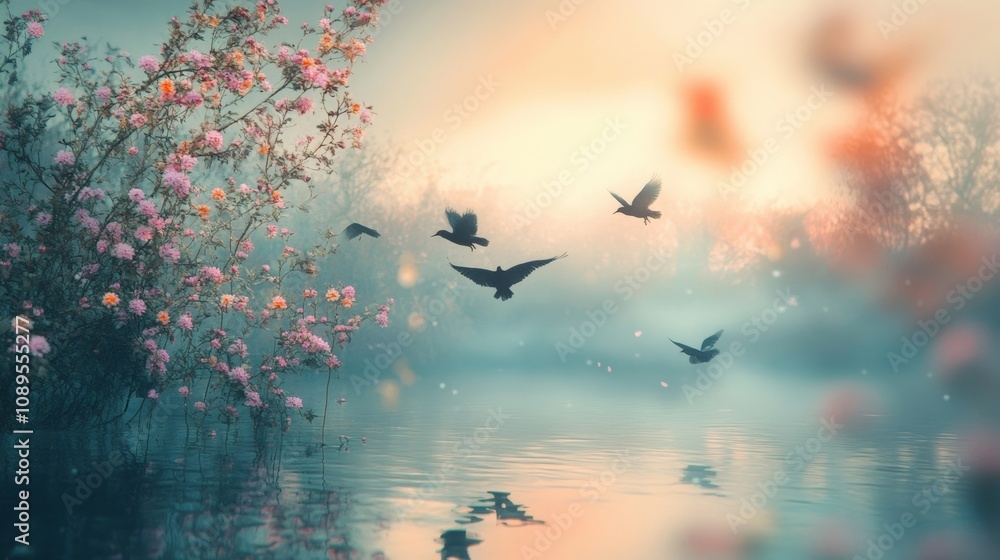 Fototapeta premium Serene Morning Scene with Birds Flying Over a Misty River and Blossoming Flowers
