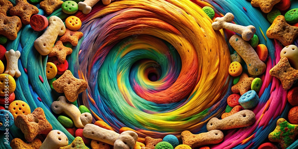 Biscuits morph into fantastical landscapes, a dog's whimsical journey. Biscuits morph into fantastical landscapes, a dog's whimsical journey.