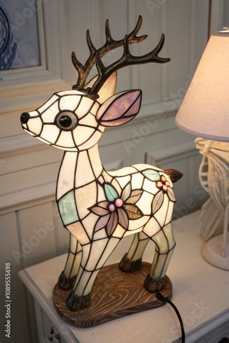 Charming Tiffany-style Lamp Shaped Like a Fawn With Floral Details. Generative AI photo