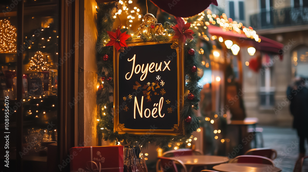 Golden Joyeux Noël Signs on Parisian Streets with Holiday Decorations Golden Joyeux Noël Signs on Parisian Streets with Holiday Decorations