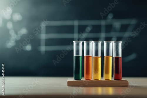 science lab decor, various vibrant test tubes arranged on an old lab table, with fuzzy chalkboard equations in the background photo