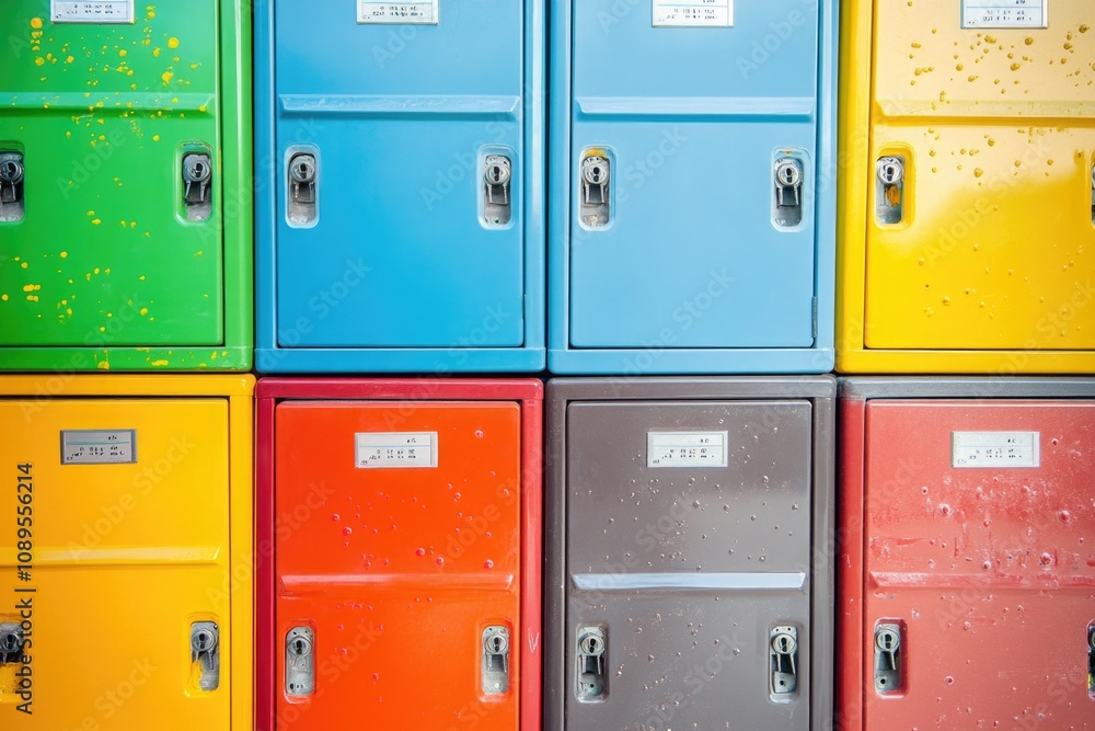 Row of brightly colored student lockers in a school hallway Row of brightly colored student lockers in a school hallway