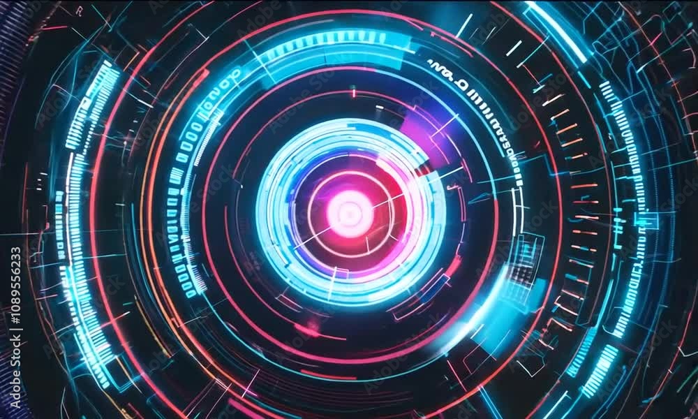 A vibrant, futuristic digital design featuring circular patterns and glowing elements. A vibrant, futuristic digital design featuring circular patterns and glowing elements.