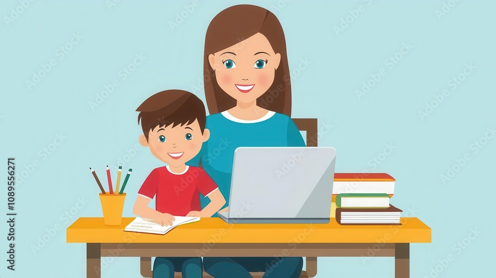 A mother and son happily engaging in learning at home with a laptop. A mother and son happily engaging in learning at home with a laptop.