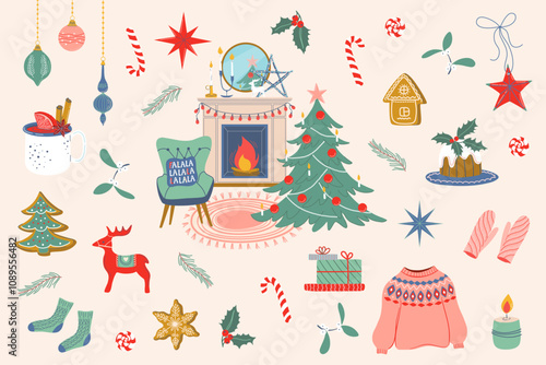 Happy holidays elements set. Cozy Winter and Christmas elements collection. Cute vintage xmas objects. Hand drawn flat design vector illustrations.