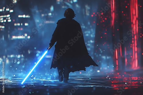 Dark cloaked figure walks away with blue lightsaber