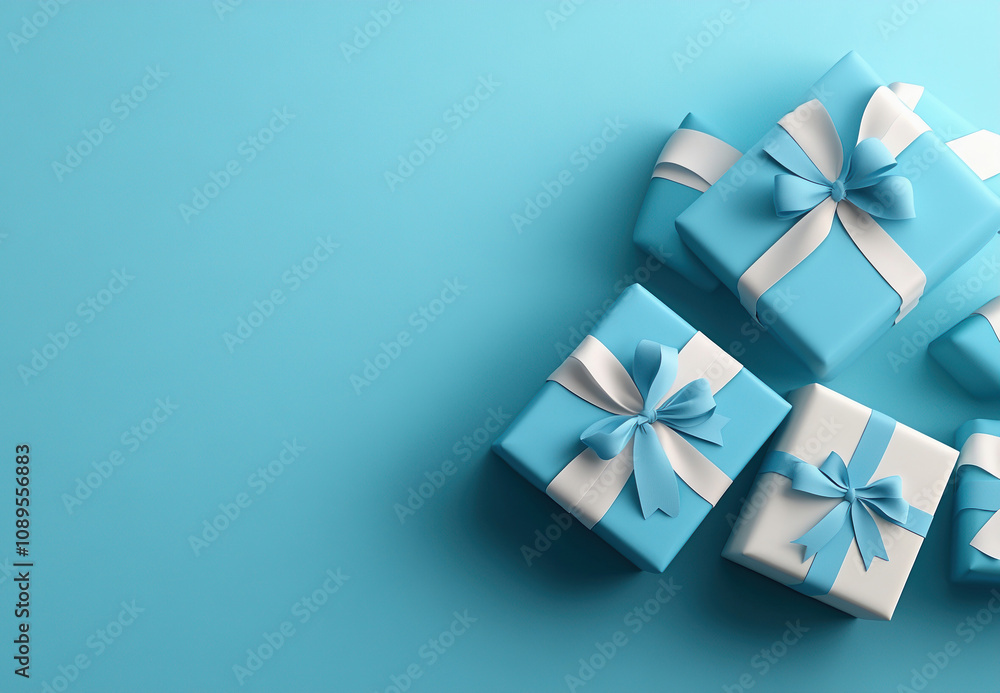 Top view luxury craft packaging gift box tied ribbon blue pastel monochrome background, copy space Top view luxury craft packaging gift box tied ribbon blue pastel monochrome background, copy space
