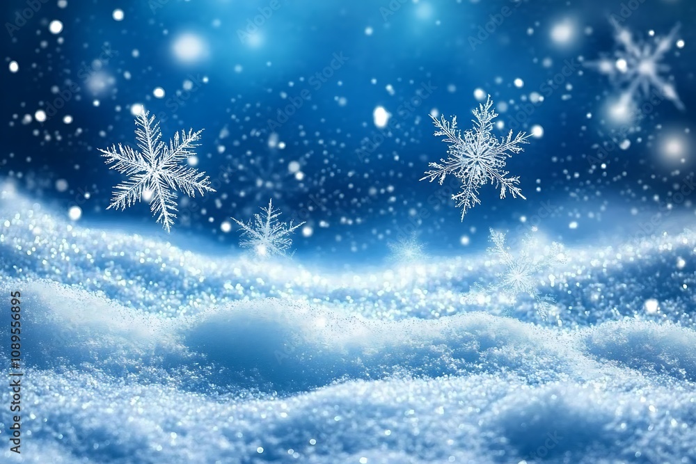 Blue background with abstract snow patterns and shimmering light spots Blue background with abstract snow patterns and shimmering light spots