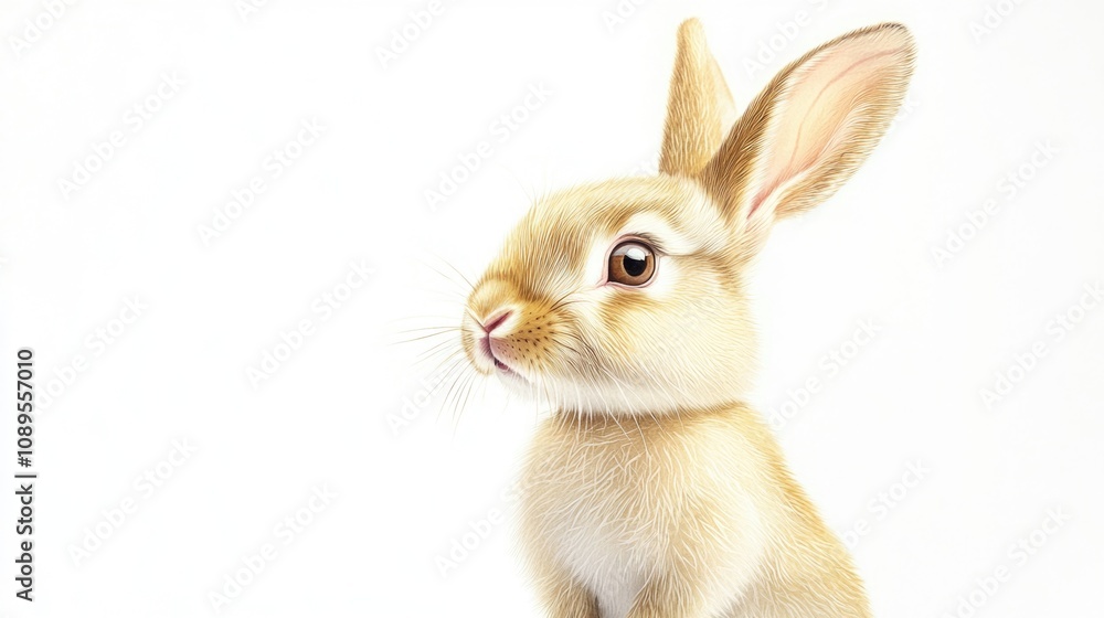 Fototapeta premium A small rabbit sits on a white surface, looking around