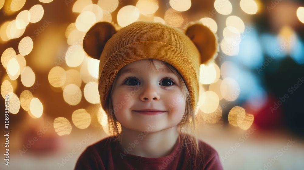 A joyful child wearing a bear hat smiles happily amidst warm holiday lights in a cozy indoor setting during winter A joyful child wearing a bear hat smiles happily amidst warm holiday lights in a cozy indoor setting during winter