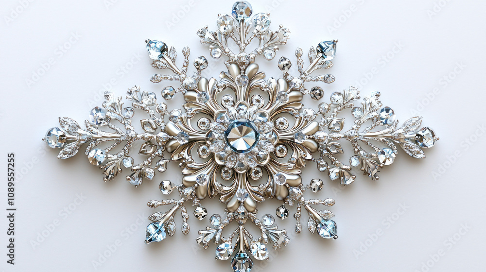 Fototapeta premium Sparkling Silver Blue Crystal Snowflake Ornament Festive Holiday Decoration