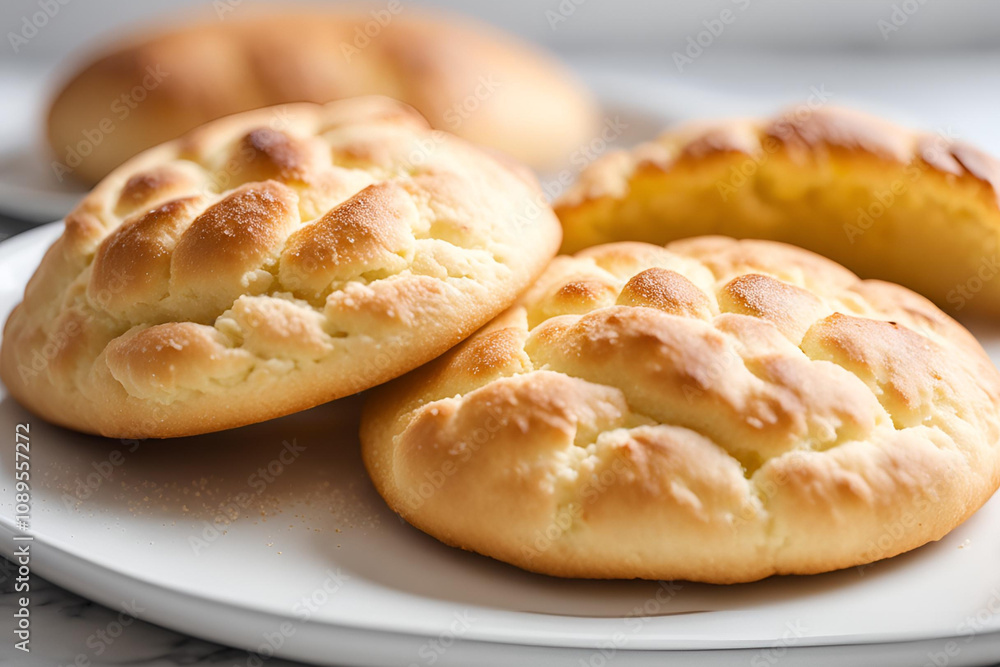 Close-up of fluffy, golden cloud bread on a clean white plate. The bread has a light, airy texture with a slight golden crust. Close-up of fluffy, golden cloud bread on a clean white plate. The bread has a light, airy texture with a slight golden crust.
