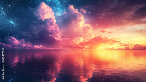 Bild auf Leinwand A colorful sunset over water with clouds reflected in it