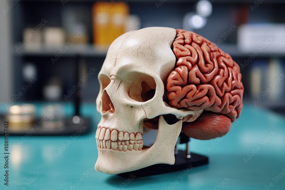 A realistic model of the human brain placed on a table for display or study A realistic model of the human brain placed on a table for display or study