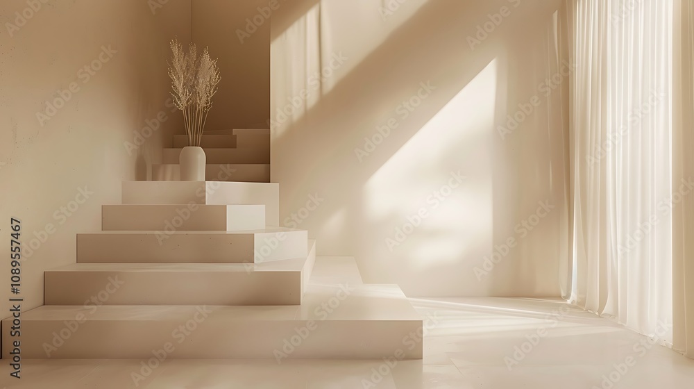 A serene interior space featuring minimalist steps, soft lighting, and a decorative plant in a vase. A serene interior space featuring minimalist steps, soft lighting, and a decorative plant in a vase.