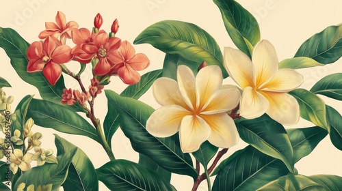 Wallpaper Mural Botanical Illustration of Red and White Tropical Flowers Torontodigital.ca