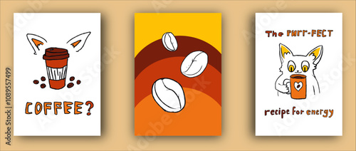 A set of posters for a coffee shop in the style of a sketch with a cute cat. Collection, template for a coffee shop. Vector illustrations of coffee, takeaway. Coffee shop sign, logo, banner, warm