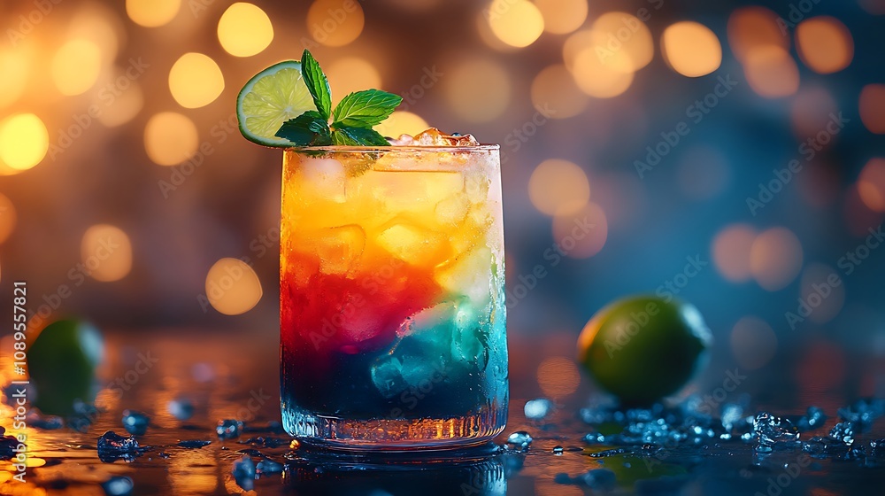 A colorful cocktail featuring a vibrant liqueur in a modern glass, garnished with a fresh mint leaf and a slice of lime, set against a stylish bar background with blurred lights, A colorful cocktail featuring a vibrant liqueur in a modern glass, garnished with a fresh mint leaf and a slice of lime, set against a stylish bar background with blurred lights,